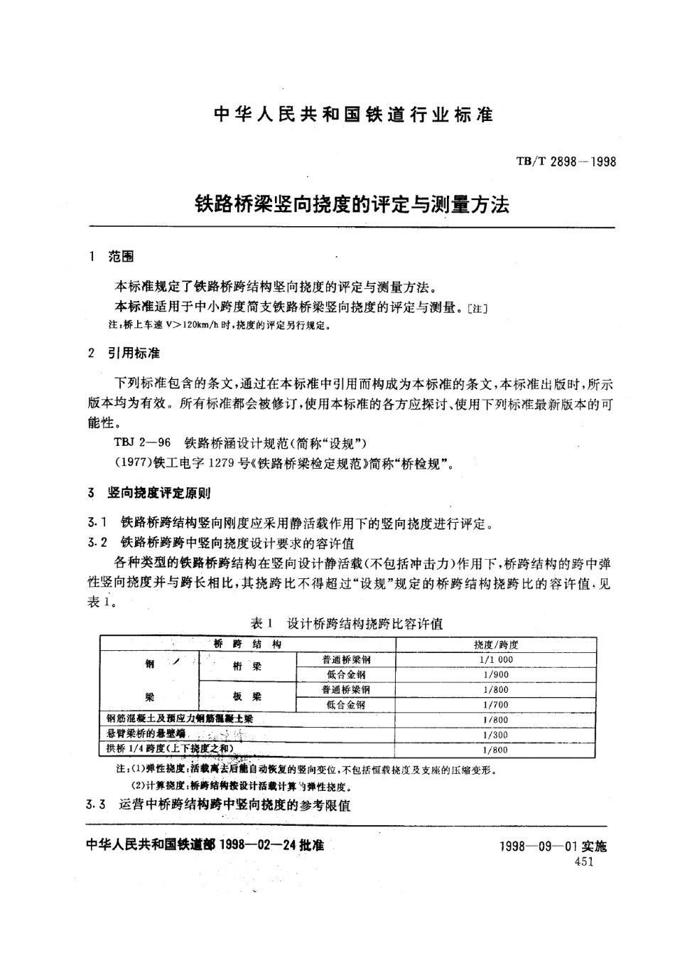 TB-T2898-1998铁路桥梁竖向挠度的评定和测量方法_第1页